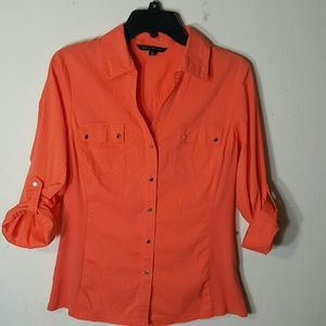 Zac&Rachel Orange Cotton Button-up 3/4 Sleeve Top